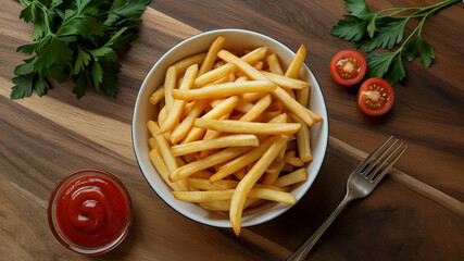 Crispy Golden French Fries with Ketchup Bowl