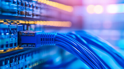 Colorful network cables connecting to server ports in a data center at twilight