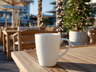Obraz premium Ceramic coffee mug sits on wooden cafe table under sunlight with trees