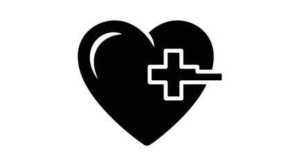 Black heart with a white medical cross symbol, representing health, care, or adding to favorites.