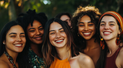 Group of smiling women enjoying a sunny day outdoors in a lush garden setting while showcasing their friendship and joy