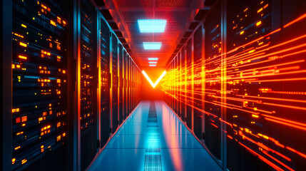 Data center with glowing servers illuminating the corridor at sunset