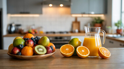 Fresh Mixed Fruits with Orange Juice in a Modern Kitchen