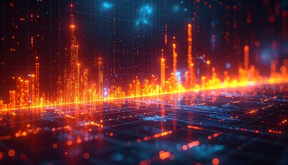 Abstract cityscape rendering glows with fiery orange peaks on a blue grid-like plane in a bokeh blurred space