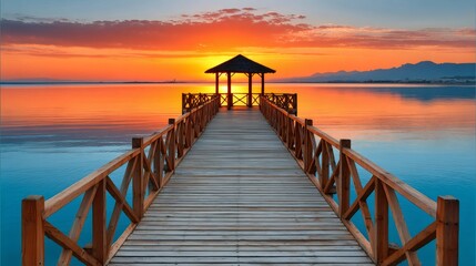 Obraz premium Wooden pier leading to gazebo during sunset reflecting on water