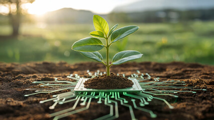 Green Tech Growth Plant on Microchip Soil