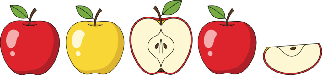 Apple Fruit Vector Set Featuring Red and Yellow Apples, Half Cut Apple, Slice, and Fresh Organic Food Illustration