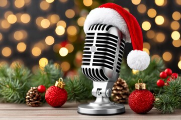 Vintage microphone wearing a santa hat for christmas carol singing