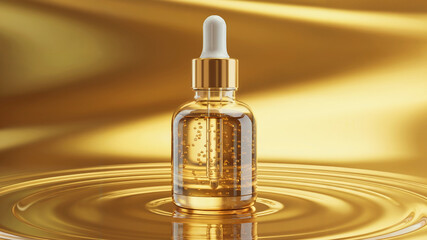 Luxury Golden Serum Dropper Bottle on Liquid Gold Background