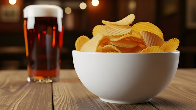 A tall glass of amber ale paired with a generous bowl of crispy potato chips - Powered by Adobe