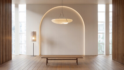 Modern Minimalist Interior Room With Wooden Bench