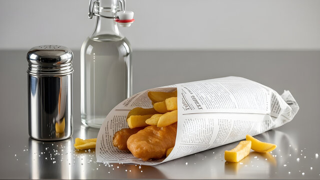 Classic Fish and Chips Wrapped in Paper with Salt Shaker and Vinegar Bottle