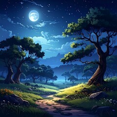 Serene nighttime scene with a path winding through trees under a bright full moon