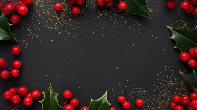 A merry Christmas holiday vector illustration with green holly branches, red berries, and snow for a December celebration background