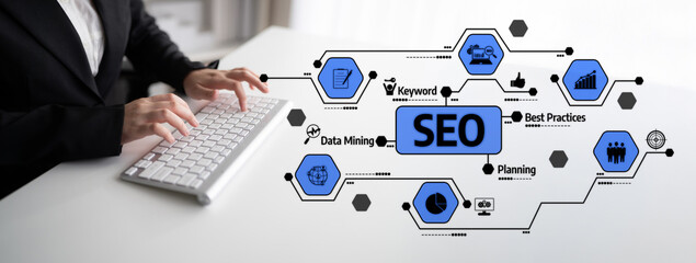 A business professional types on a keyboard while surrounded by SEO strategy graphics, emphasizing the importance of keywords and planning for digital marketing success. Tessel