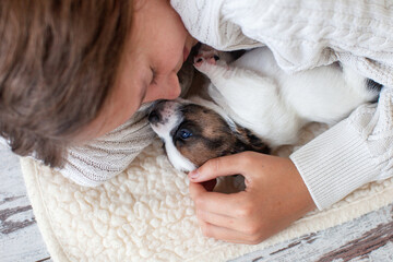 Cute Child girl play with small Dog at home