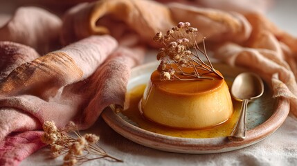 Plate of dessert with a spoon on it. The dessert is a caramel custard and is served on a white plate. The plate is placed on a table with a pink blanket underneath it. The dessert looks delicious