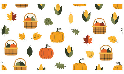 Autumn harvest pattern with pumpkins corn and leaves
