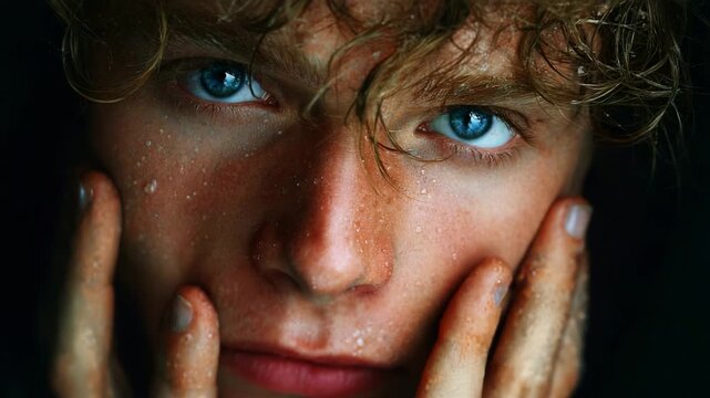 A Moment of Reflection: An Intense Close-Up of a Young Person's Face, Highlighting Expressive Blue Eyes, Wet Skin, and a Pensive Expression Captured in Dramatic Lighting