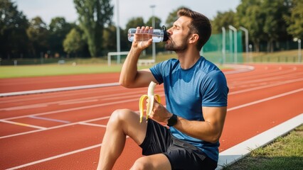 Young caucasian male athlete hydrates and refuels on track with water and banana