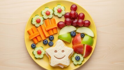 Obraz premium Colorful healthy snack plate with fruit, vegetables, and star-shaped sandwich for kids