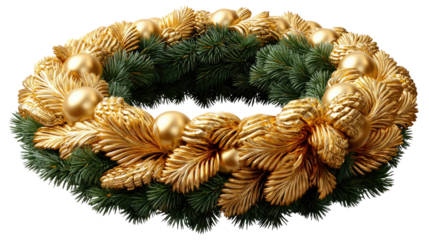 Golden Christmas Wreath: A captivating wreath, adorned with glimmering golden ornaments and lush green foliage, ready to bring festive warmth and charm to any home or celebration.