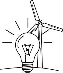 Sketch of a lightbulb and wind turbine representing renewable energy and sustainable power