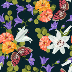 Lilies, chrysanthemums, and butterflies against a dark background, creating a seamless vector illustration perfect for decorating textiles and packaging.