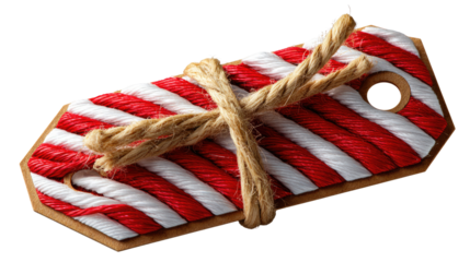 Gift Tag with Ribbon: A close-up view presents a festive gift tag, adorned with eye-catching red and white stripes, elegantly tied together with natural ribbon.