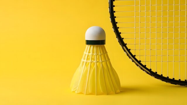 Yellow badminton shuttlecock and racket string detail isolated on a bright yellow background, sport equipment concept