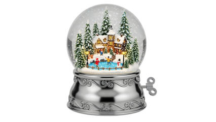 Classic snow globe with festive winter village scene, ice skaters, snowy fir trees, and an antique music box base isolated on white.