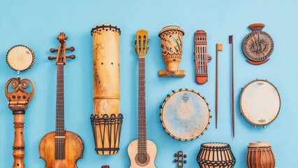 Video A collection of musical instruments on a blue background, perfect for promoting music or art-related products
