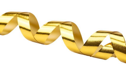 Golden metallic curled ribbon isolated on a clean white background, creating a festive and luxurious decorative element for any celebration.