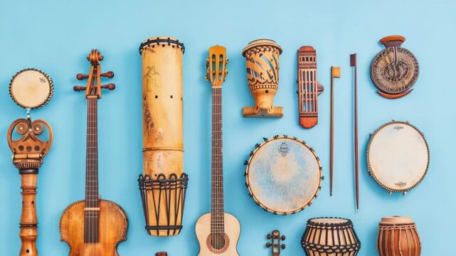 Video A collection of musical instruments on a blue background, perfect for promoting music or art-related products