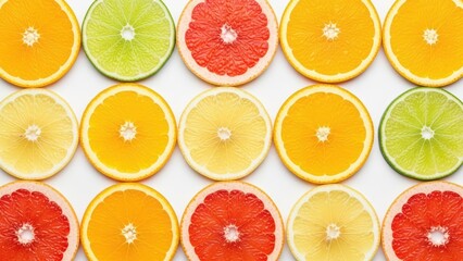 Colorful pattern of citrus fruit slices: orange, lemon, lime, and grapefruit