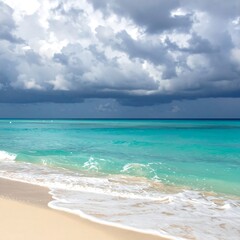 Serene ocean scene with turquoise waters, foamy waves gently kissing the sandy shore. Dramatic cloudy sky