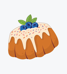  vector illustration of a delicious bundt cake, baked and topped with smooth vanilla icing, colorful sprinkles, and blueberries. perfect for food related designs, stickers, and print projects.