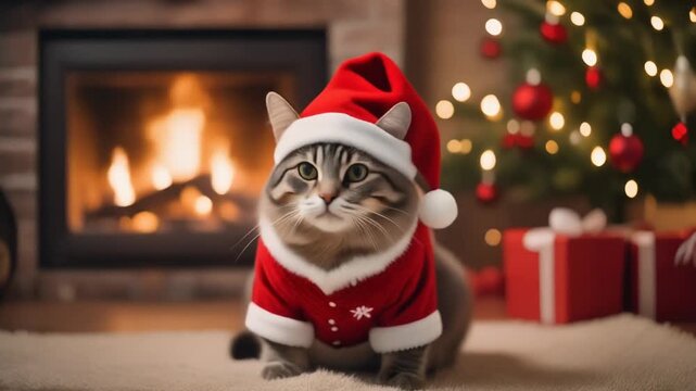 Gato navide&ntilde;o en el sal&oacute;n con chimenea y arbol de navidad