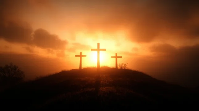 Sunset Silhouette of Three Crucifixion Crosses