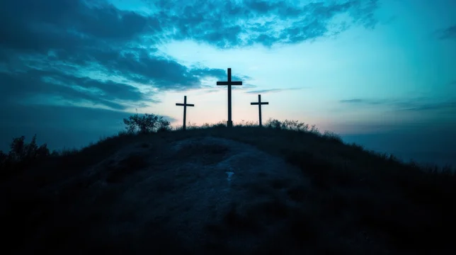 Three Crosses on Hill at Somber Sunset