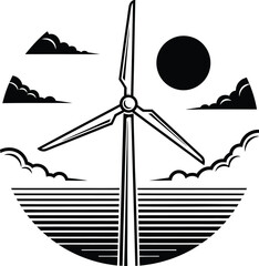 Minimalist landscape with wind turbine sun mountains and ocean waves illustration