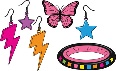 Colorful fashion accessories illustration set with lightning star earrings butterfly and trendy bracelet design