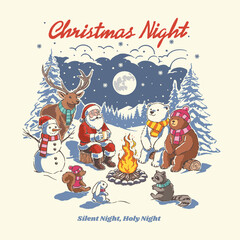 Christmas night illustration santa campfire with snowman deer polar bear racoon squirrel winter forest 
