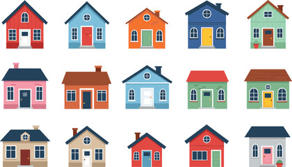 Colorful house illustration set with cute residential home facades isolated for real estate and neighborhood design