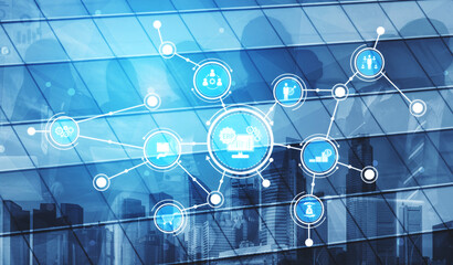 This image illustrates modern business technology concepts with digital icons overlaying an urban skyline, symbolizing innovation, connectivity, and teamwork in a corporate world. Tessel