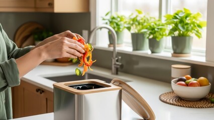 Person composting vegetable scraps in a modern kitchen with green plants.