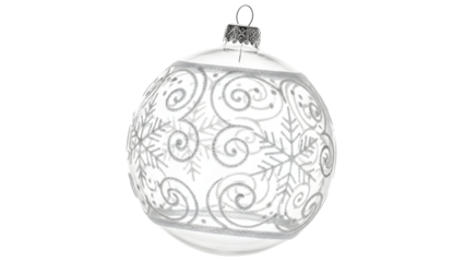 Elegant white christmas bauble with intricate silver snowflake and swirl design