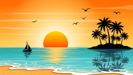 Vibrant tropical sunset over calm ocean waters with palm trees and sailboat reflection