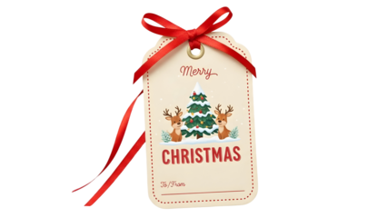 Merry christmas gift tag with red ribbon, festive tree, reindeer, and snow design