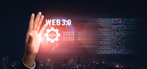 The concept of Web 3.0 development and decentralized data processing. The flow of binary code and information in the next generation internet. Motif